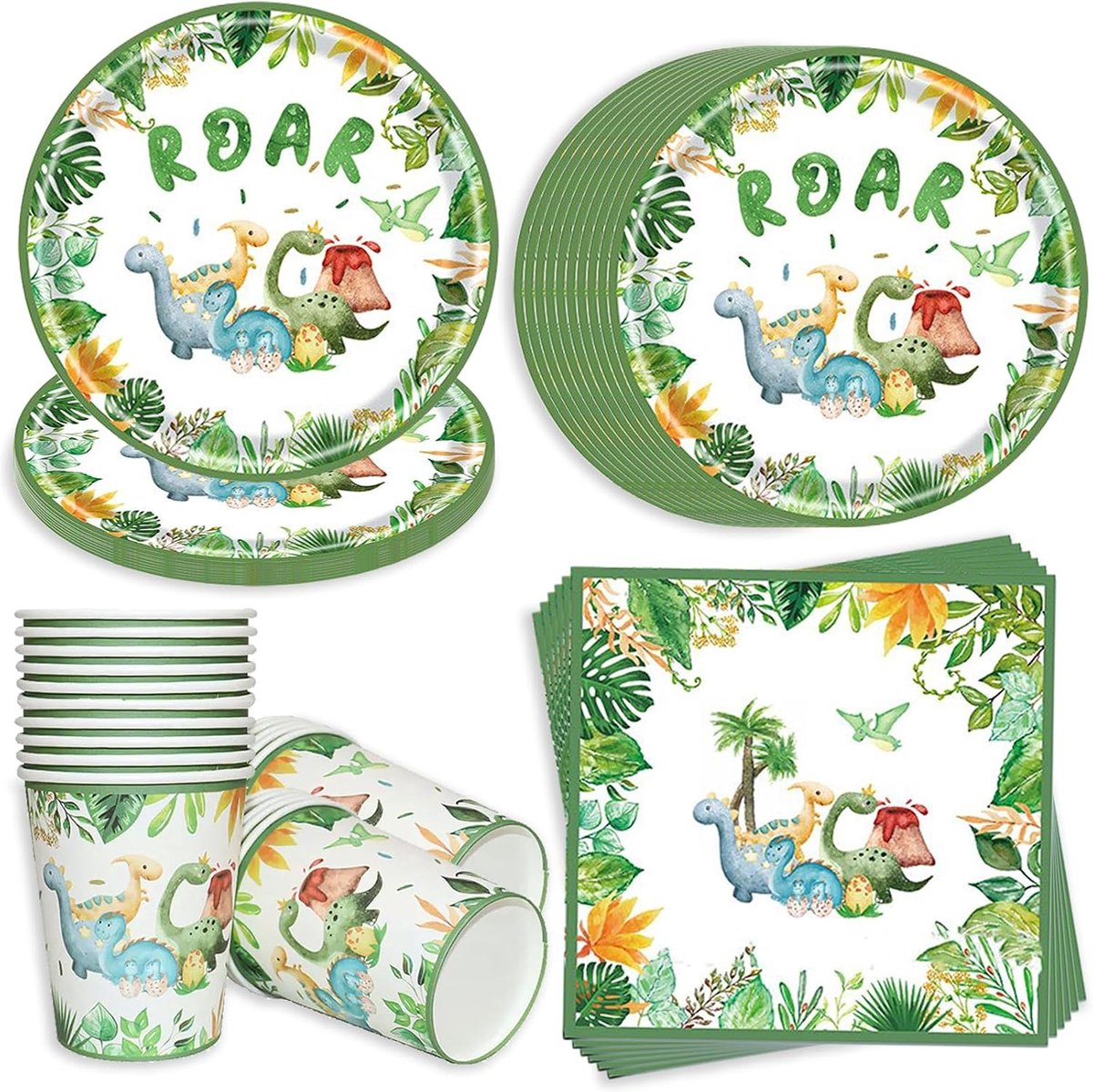 Dinosaurus verjaardagsserviesset, 20 gasten, dino, feestservies, set papieren borden, kinderverjaardag, papieren borden, mokken, servetten voor feest, kinderverjaardag, decoratie voor jongens