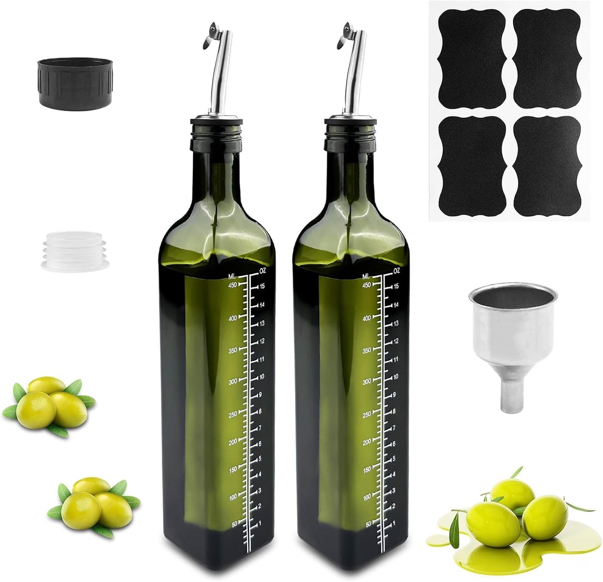 Oliefles van glas, 500 ml, azijn en oliedispenser met schenktuit, trechter, anti-vuilsluiting, donkergroene olijfoliedispenser, olieflessen voor keuken, grill, pasta, salades, bakken