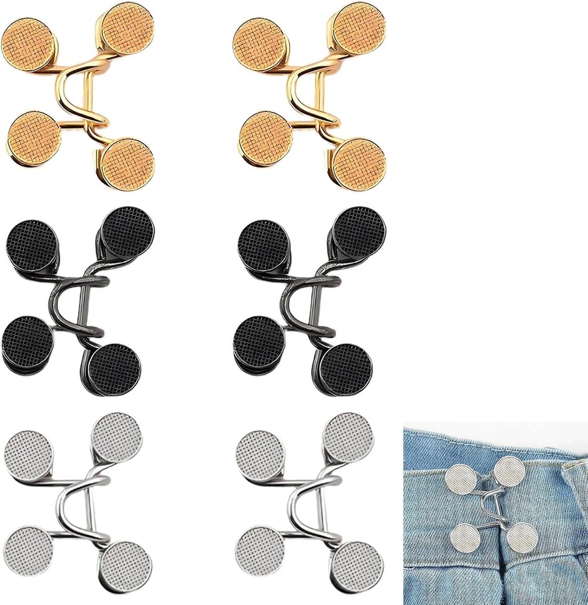 6 stuks broekband strakker maken, broekband strakker maken, verstelbare spijkervrije taillegespen voor jeans en rokken - zonder naaien, 3 kleuren