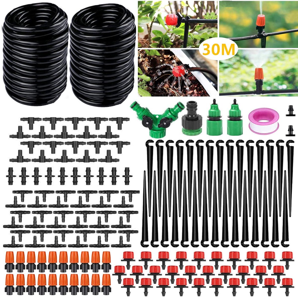 Druppelirrigatiesysteem 30 m, automatische doe-het-zelfirrigatiekit, irrigatiebuis, irrigatiesproeiers, druppelwatersysteem, voor tuin, plant, bloembed, patio, kasplanten
