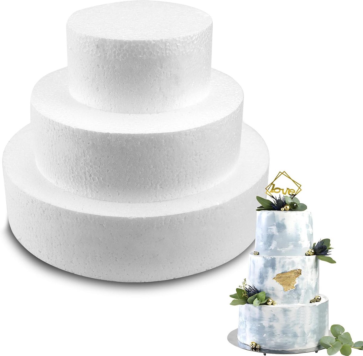 Taartvorm, 3 stuks, piepschuim, dummy cake, 10 cm, 15 cm, 20 cm, neptaart (rond)