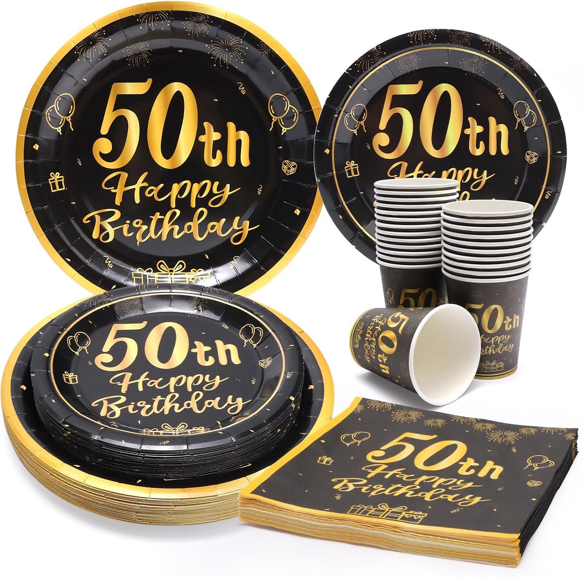 96 stuks zwart en goud party servies set voor 50e verjaardag - papieren borden voor 24 gasten, tafeldecoratie