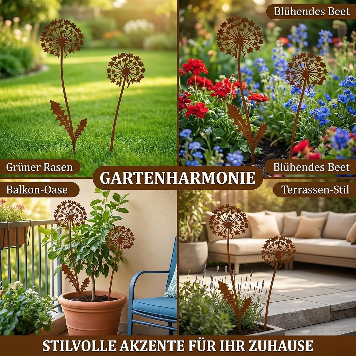 Decoratie, tuindecoratie voor buiten, weerbestendig, tuinsteker, lentedecoratie, buiten, 28 cm, metaal, bloemensteker, edelroest paardenbloem, balkondecoratie, tuindecoratie