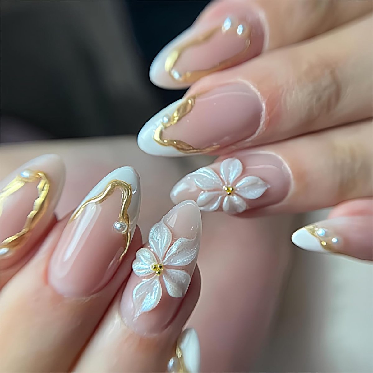 24 Stuks Witte Druknagels Met Goudrand En Parelbloemen, Nepnagels Om Op Te Plakken, Kunstnagels, Zachte Gelnagels, Valse Nageluiteinden
