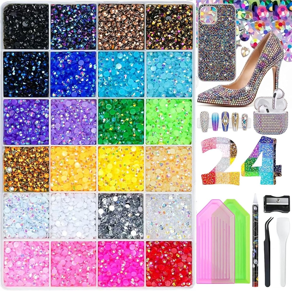 Strasssteentjes voor nagels 3 mm Glittersteentjes-set met pincet en gereedschap Jelly strasssteentjes met platte achterkant voor nail art, knutselprojecten,Diamond Painting (24 kleuren)