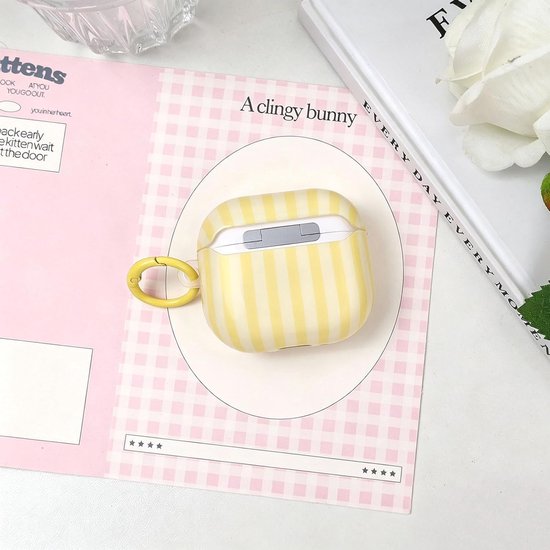 Compatibel met AirPods 4 hoes met reinigingsset, schattig gestreept patroon, esthetisch design, stootvaste en krasbestendige TPU-beschermhoes met sleutelhanger, voor vrouwen en meisjes, geel — afbeelding 4