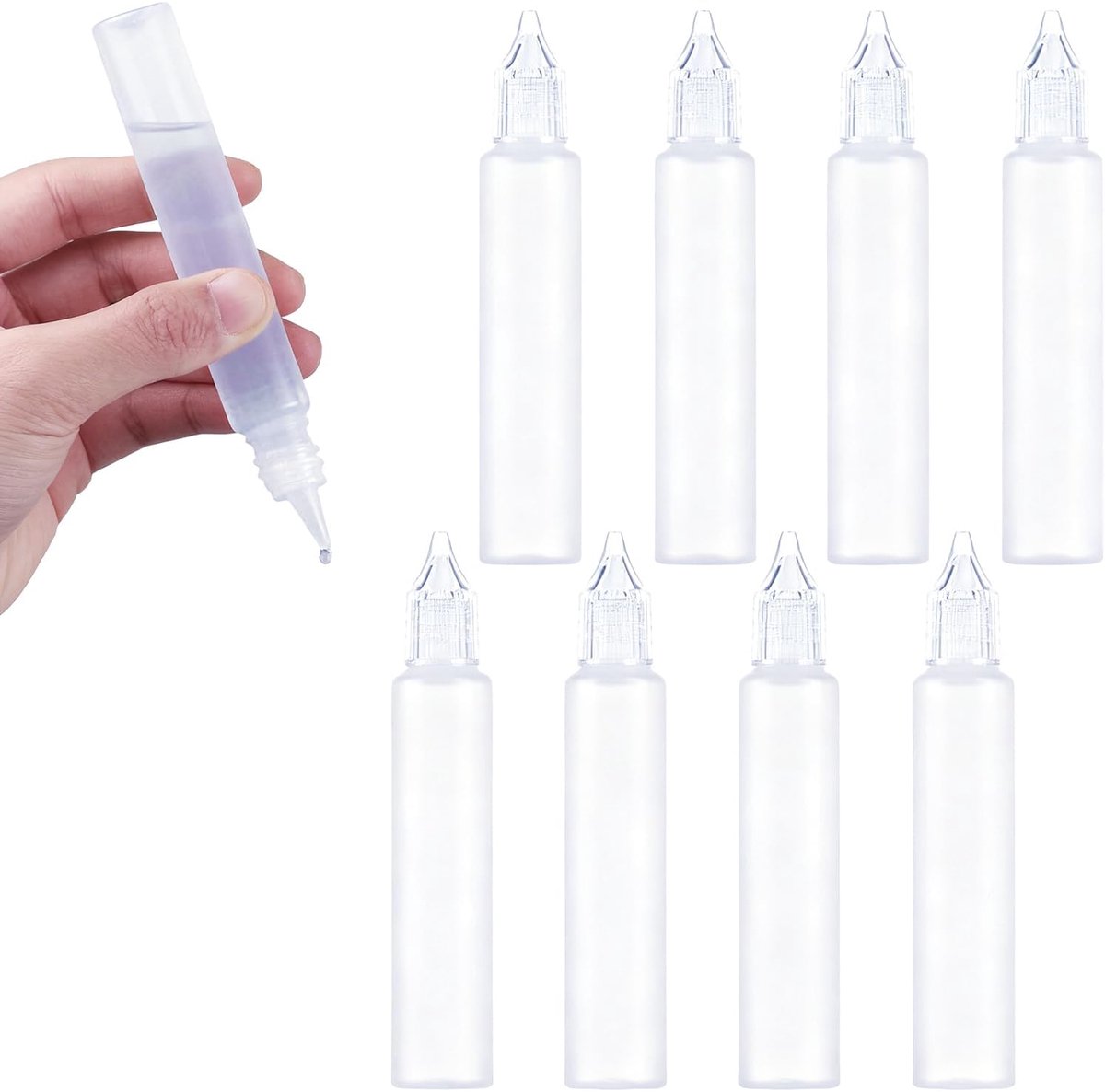 Pack van 8 | 30 ml slanke transparante navulbare vloeibare flessen met fijne punt doppen voor nauwkeurige dosering | Ideaal voor oliën, verf, lijm en doe-het-zelf knutselbenodigdheden |