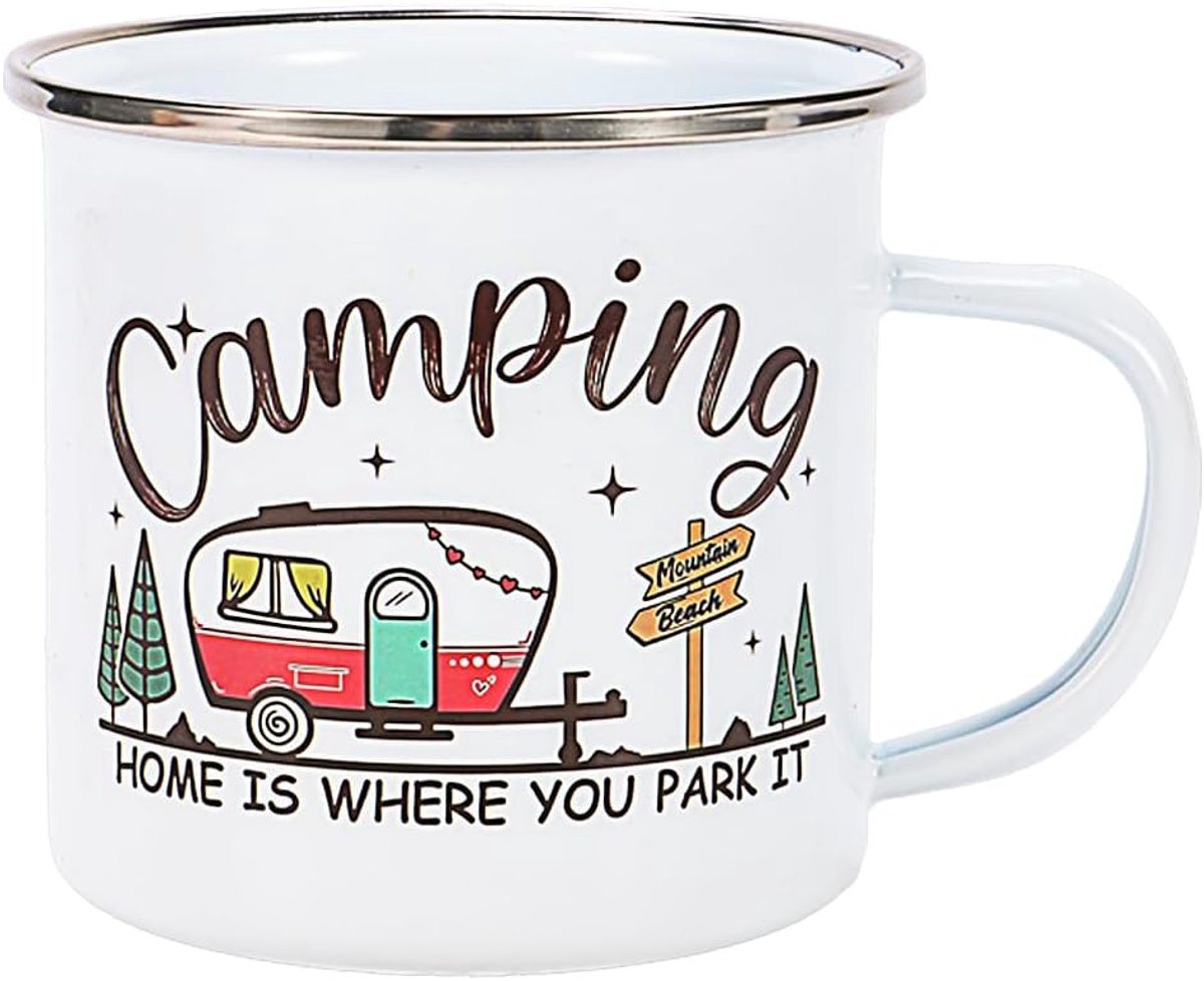 Beker Camping Accessoires Nieuwigheden 2026 - Kinderbeker Gepersonaliseerde Geschenken Home Is Where You Park It - Caravan Geschenken Emaille Beker, Wit