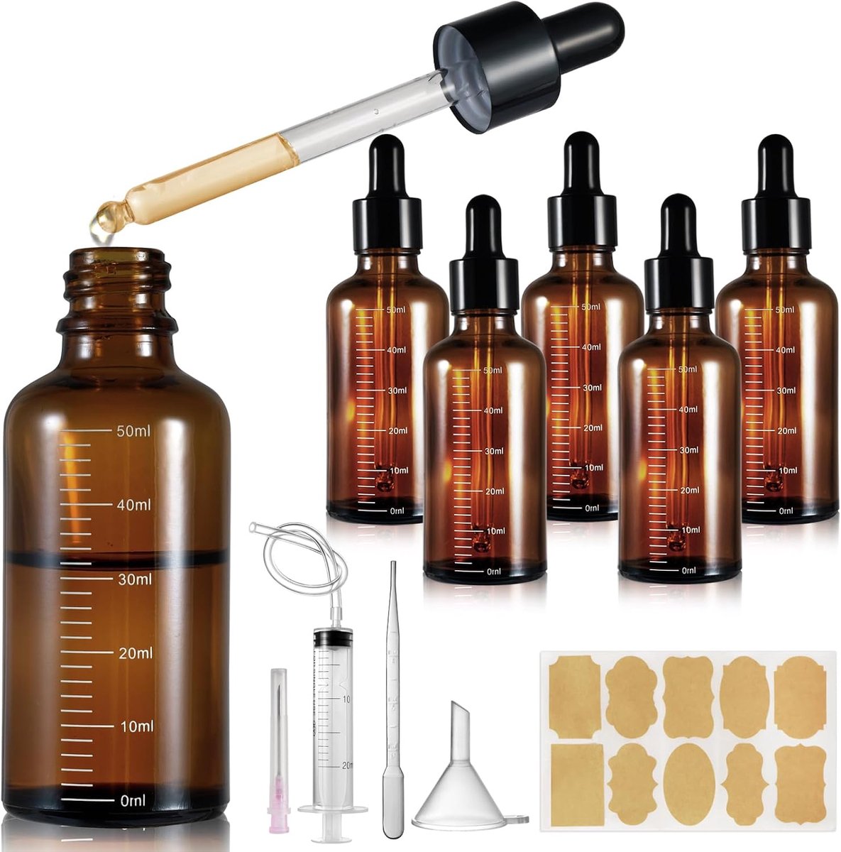 5 Stuks Amber Glazen met Schaalverdeling Druppelflesje 50ml, met Glazen Pipet Druppelaar, voor Essentiële olie, Aromatherapie, Cosmetica, Laboratorium, Apotheek, Reizen, Massage