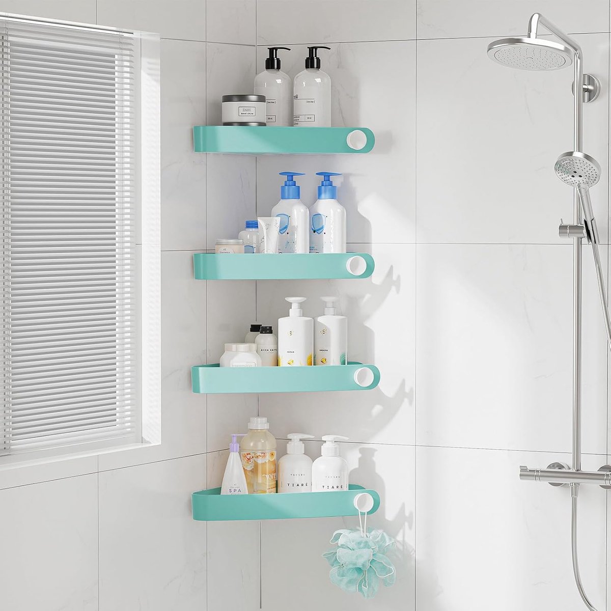 4-Pack Hoekdouchehouder, Heen Boorgaten Voor de Douche-Organizer Met Kleefpad, Roestvrije Kunststof Douche-Opbergruimte Voor Badkamer, Keuken, Toilet (Turkoois)