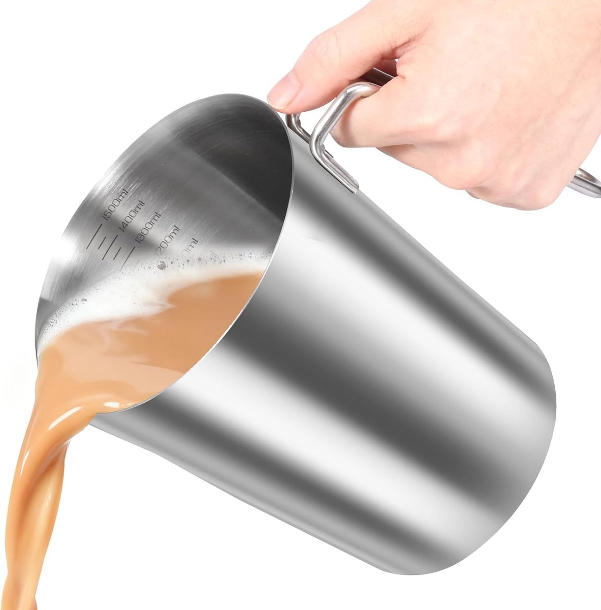 1,5L meetbeker van roestvrij staal met handgreep en uitlooplip, BPA-vrij melkkannetje, meetkan met fijne schaalverdeling, druppelbescherming, robuuste melkpitcher, metalen kan voor keuken