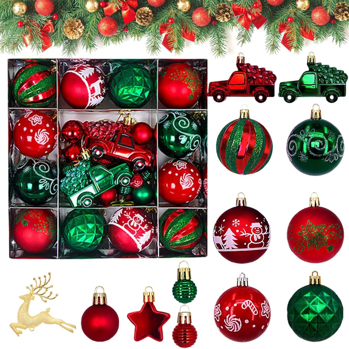 Kerstballen, 10-20 cm Kunststof Kerstballenset, Voor Kerstboomdecoratie & Feestvieringen, Klassiek Rood-groen Thema