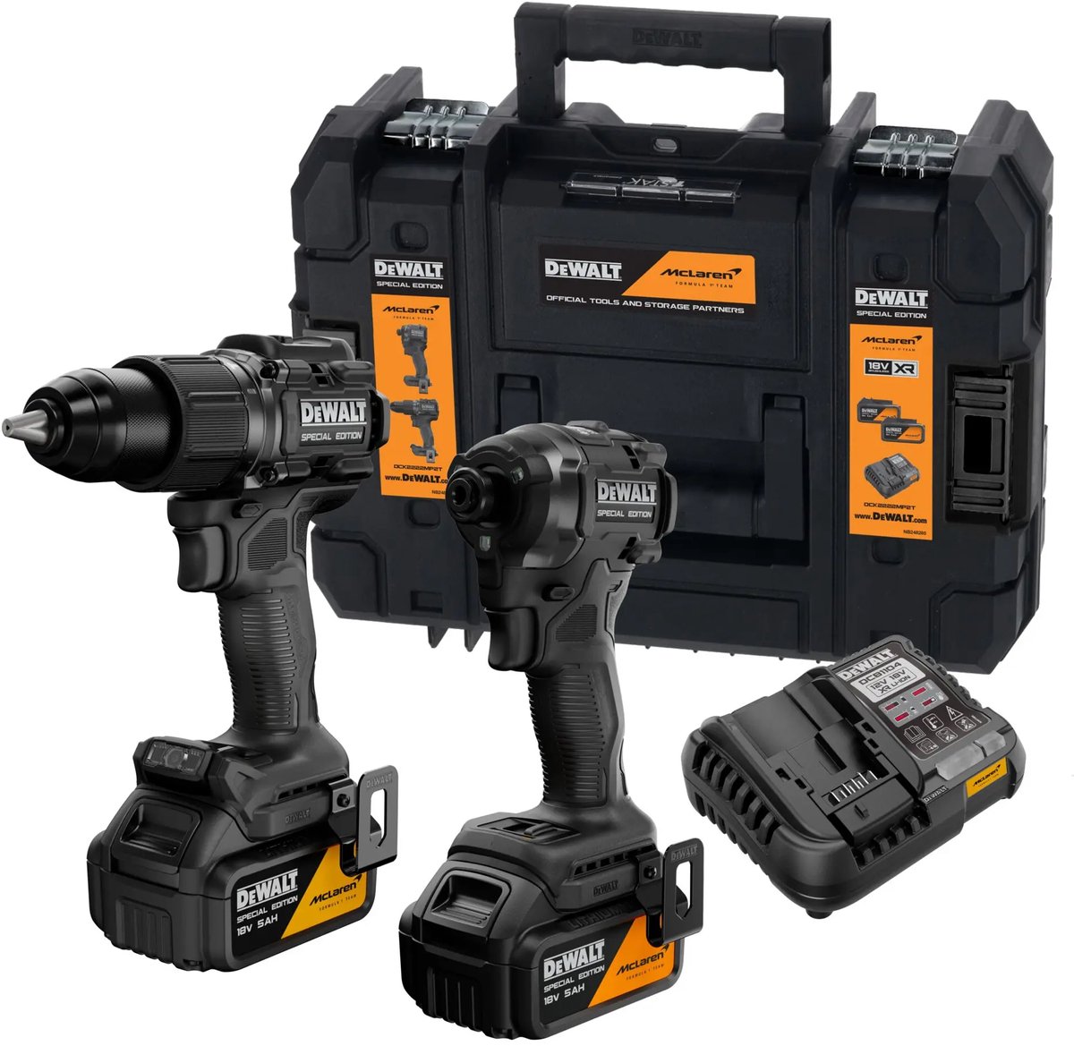 DeWALT - 18V accuset met klopboormachine en slagmoersleutel, McLaren, 2x 5,0 Ah Li-Ion XR-accu, oplader DCK2222MP2T