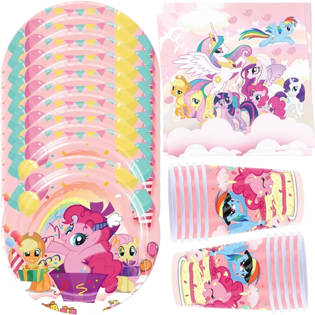 Feestservies, kinderverjaardag, feest, servies, papieren borden, bekers, servetten, pony, feestservies, verjaardagsfeest, bruiloft, babyshower, tafeldecoratieset