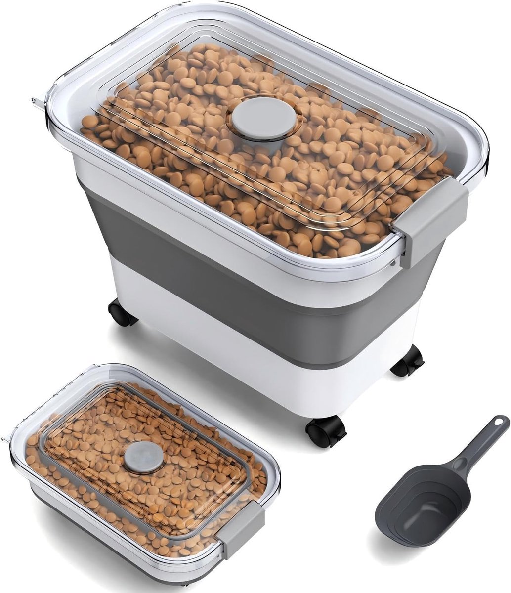 Voedsel voor huisdierenopslag voor honden/katten, luchtdichte opvouwbare hondenvoerbak met wielen, handvat, kattenvoercontainer met deksel en maatbeker schep (grijs-L)