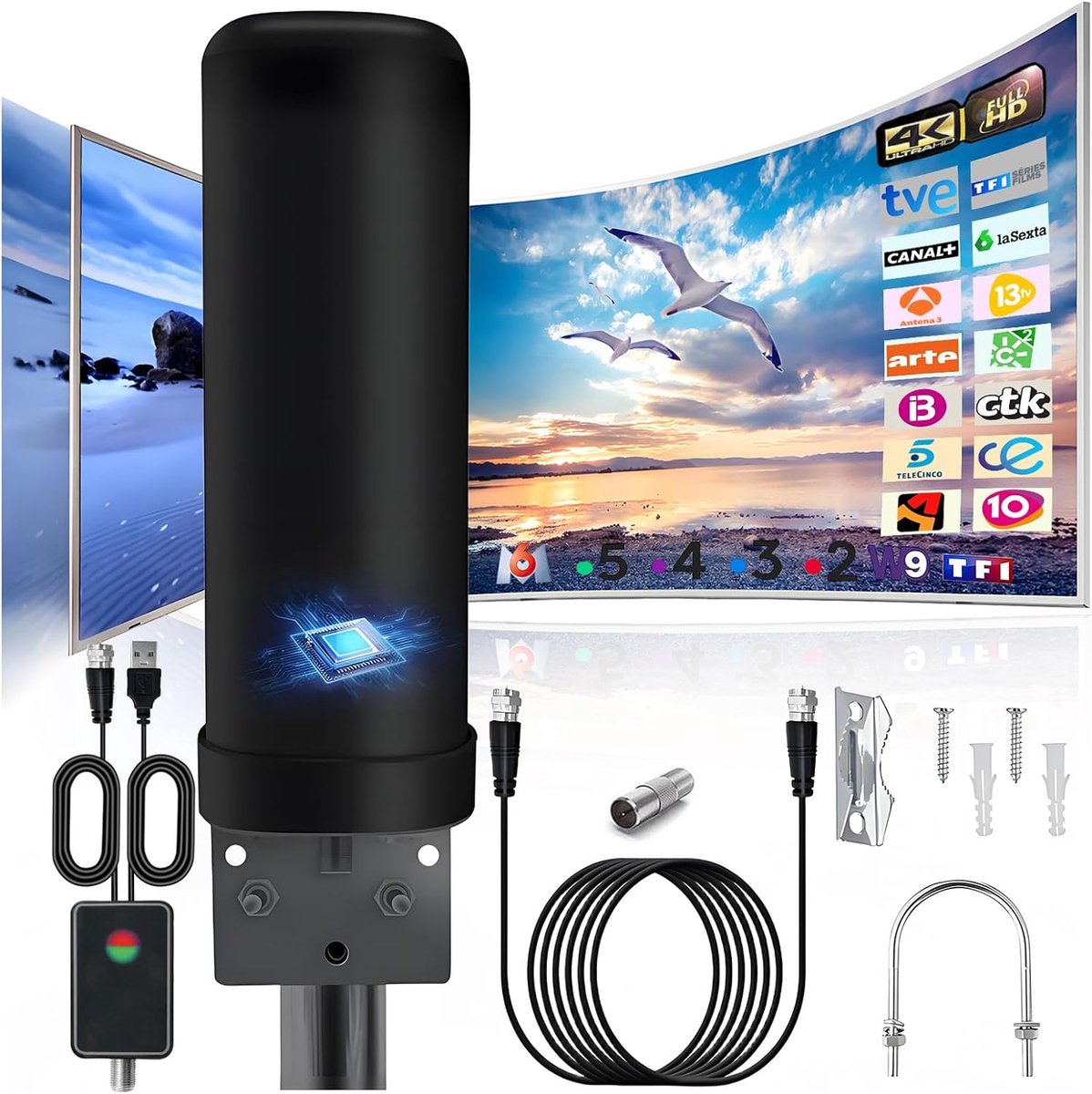 TV-antenne 360 ° Ontvangst, HDTV-antenne Bliksembeveiliging Binnen Buiten