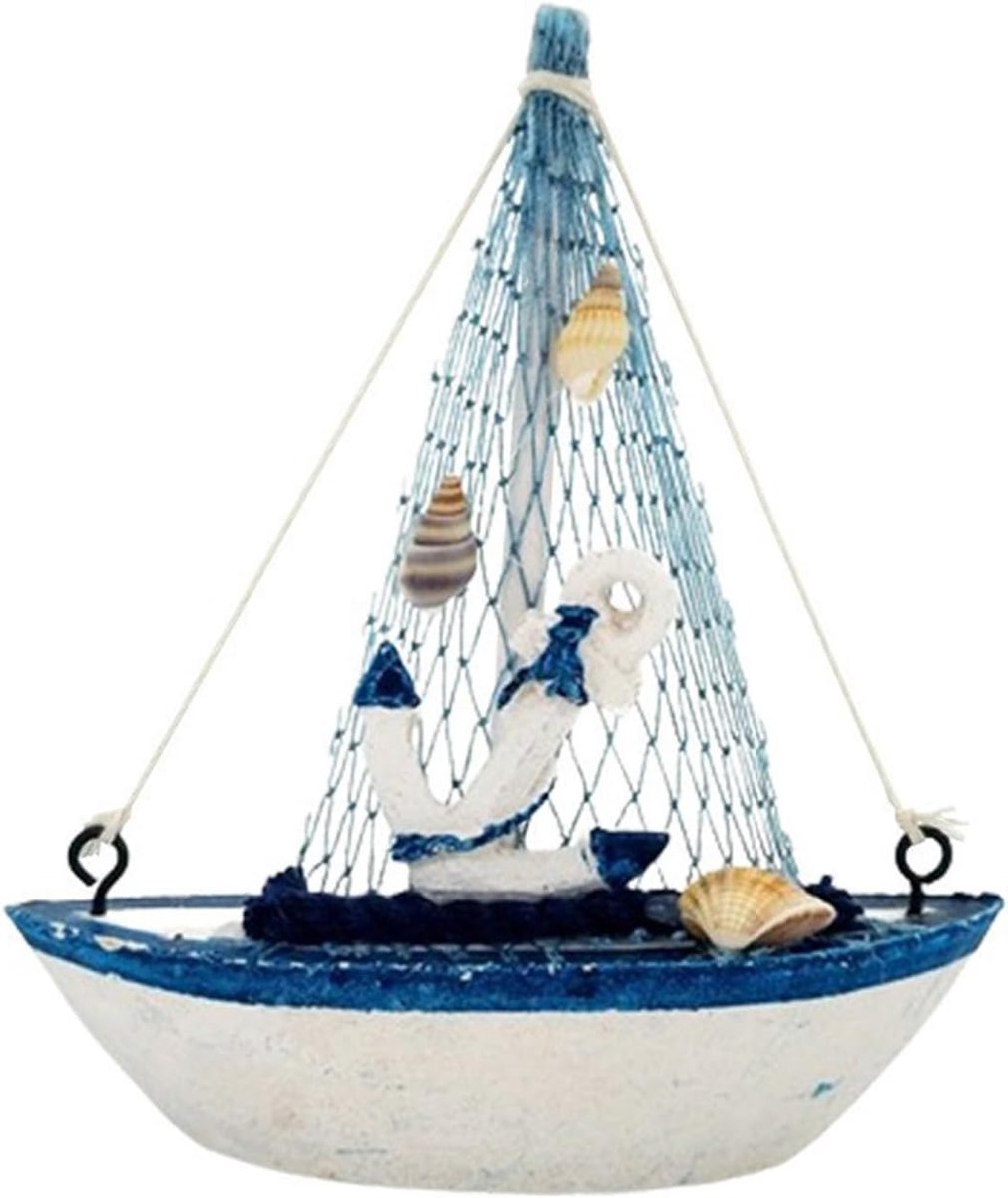 Maritieme decoratie, houten zeilboot model, maritieme badkamerdecoratie, houten zeilboten model met visnet, ideaal voor alle nautische feestdecoraties, etalages, kamerrekken (C)