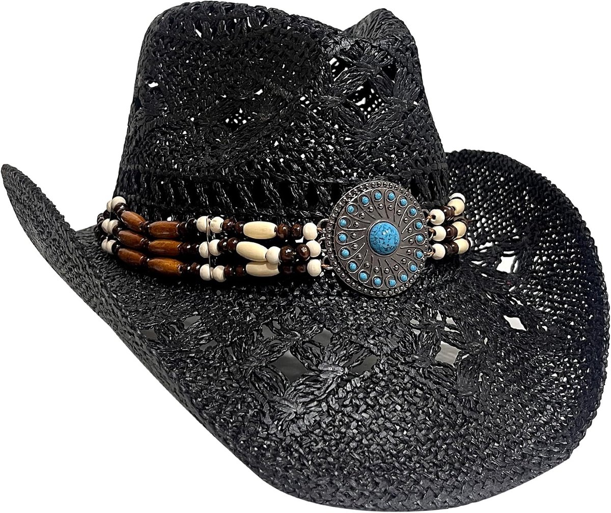 Strohoed voor dames en heren, boho, met turquoise kralenband, verstelbaar, uniseks, zomerfestivalaccessoire