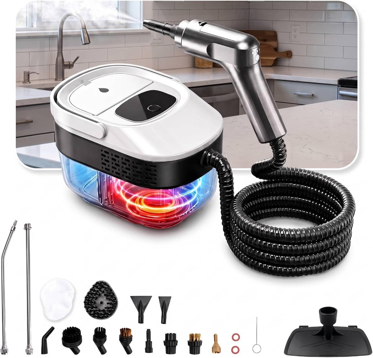 2500W met 1,6L Reservoir, Drukstoomreiniger 3 Bar 3 Niveaus Instelbaar met 14 Accessoires voor Tegels Keuken Bank Auto Ramen