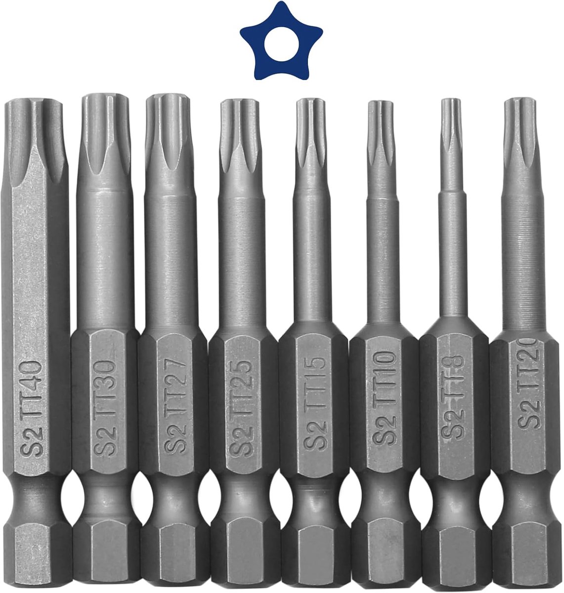 SnelShoppen - Set van 8 Magnetische 5-Punt Torx Schroevendraaier Bits, 6.35mm, Torx Veiligheidskop T8, T10, T15, T20, T25, T27, T30, T40, S2 Staal, Vo