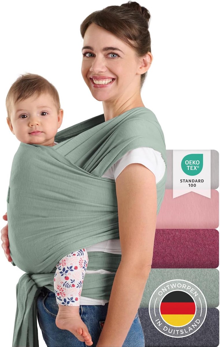 SnelShoppen - Baby Draagzak voor Pasgeborenen tot 15 kg | Oeko-Tex Gecertificeerd Katoen | Ergonomische Wrap van 5,1 m | Groene Sling voor Kinderen