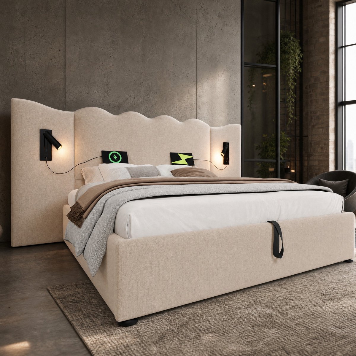 WUVRIE Opbergbed 160x200 cm met leeslampen, USB en Type-C, stoffen bedframe met lattenbodem, beige