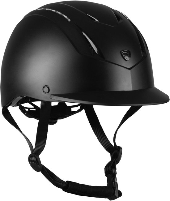 Zwarte Horka rijhelm met vizier, ventilatieopeningen en strass details, met kinband.