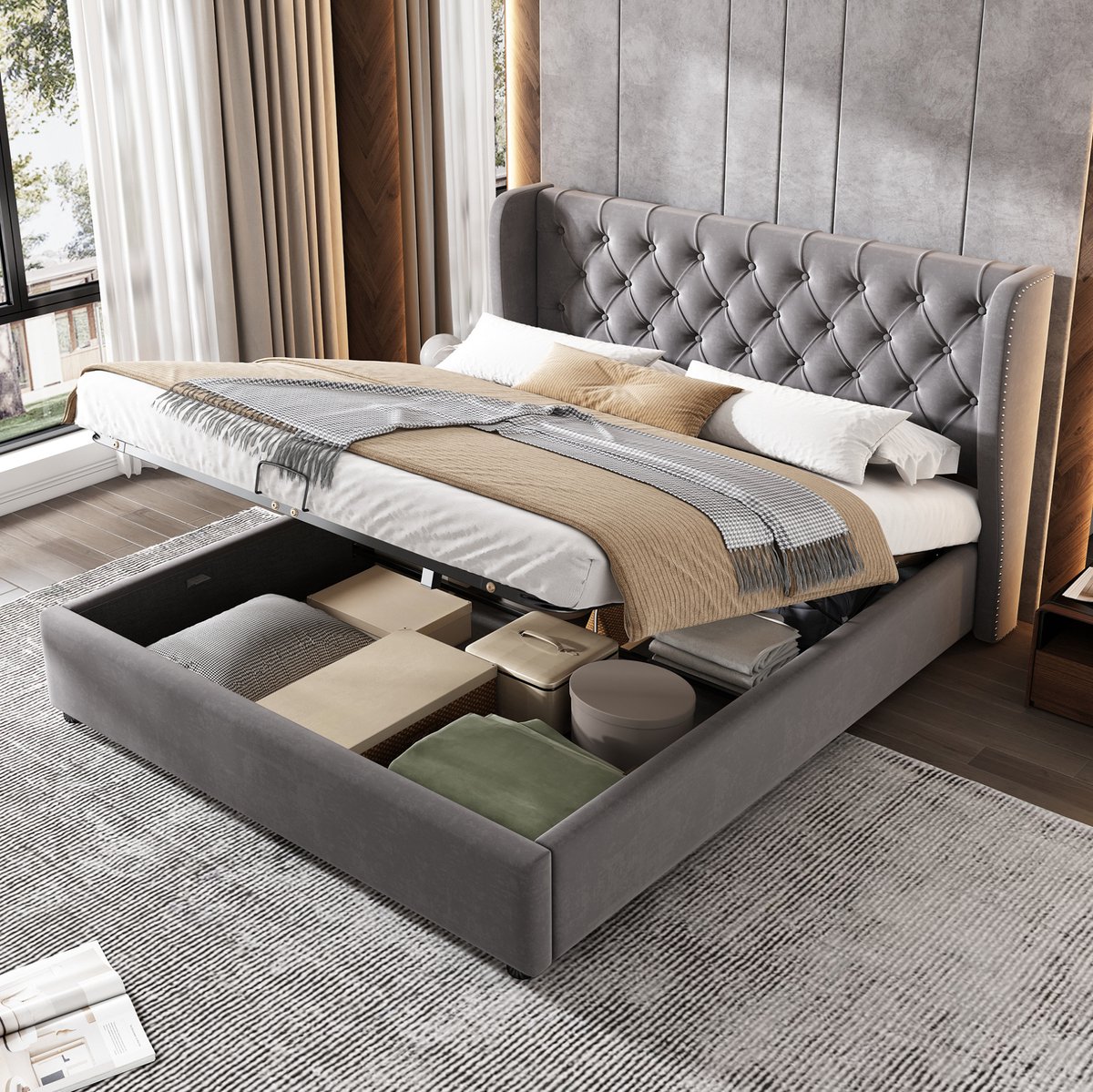 WUVRIE Gestoffeerd opbergbed 140x200 cm met hydraulische lift, lattenbodem en fluwelen hoofdbord, grijs