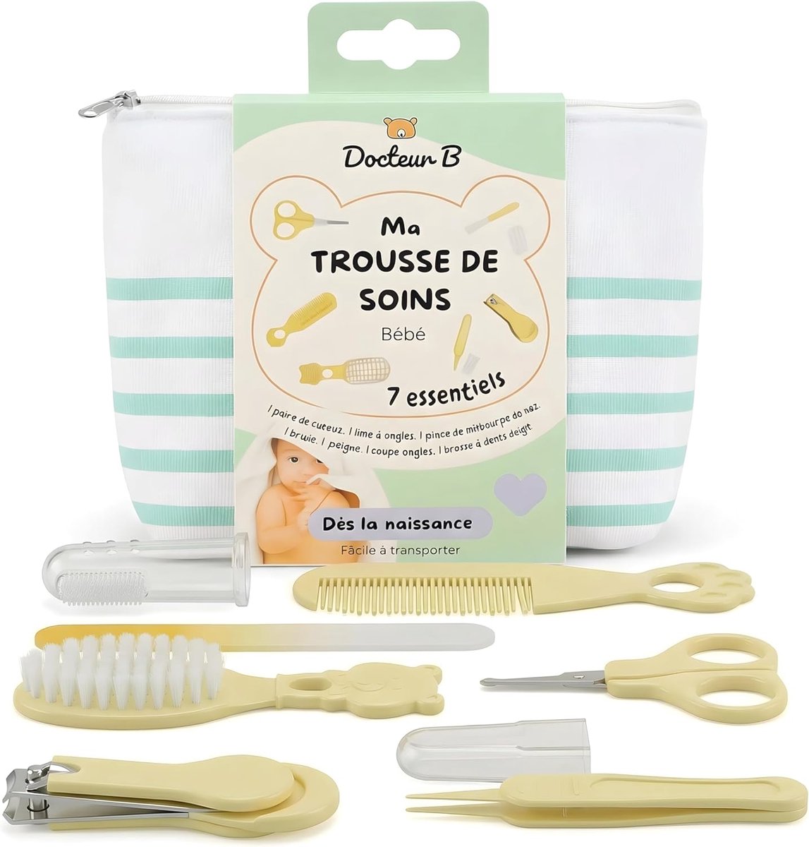 SnelShoppen - Baby Care Set met 7 Essentiële Verzorgingsaccessoires, Veilig Schaar, Nagelknipper, Borstel, Kam, Vijl, Neusclip, Inclusief Striped Tas