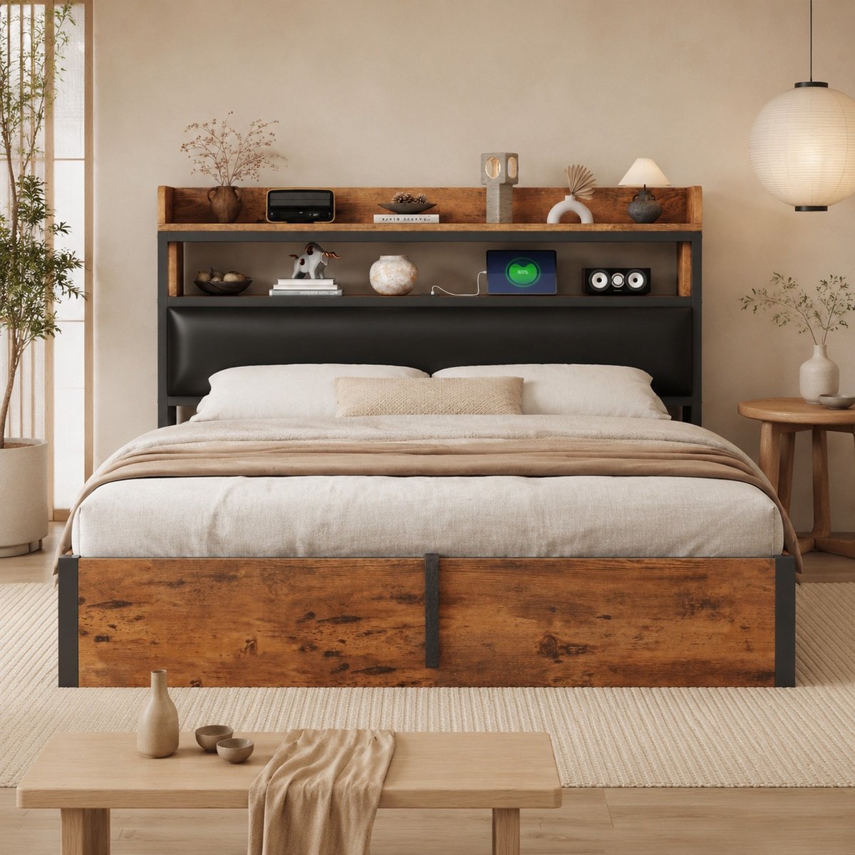 WUVRIE Bedframe 180x200 cm met hydraulische opbergruimte, USB en gestoffeerd hoofdbord, zwart