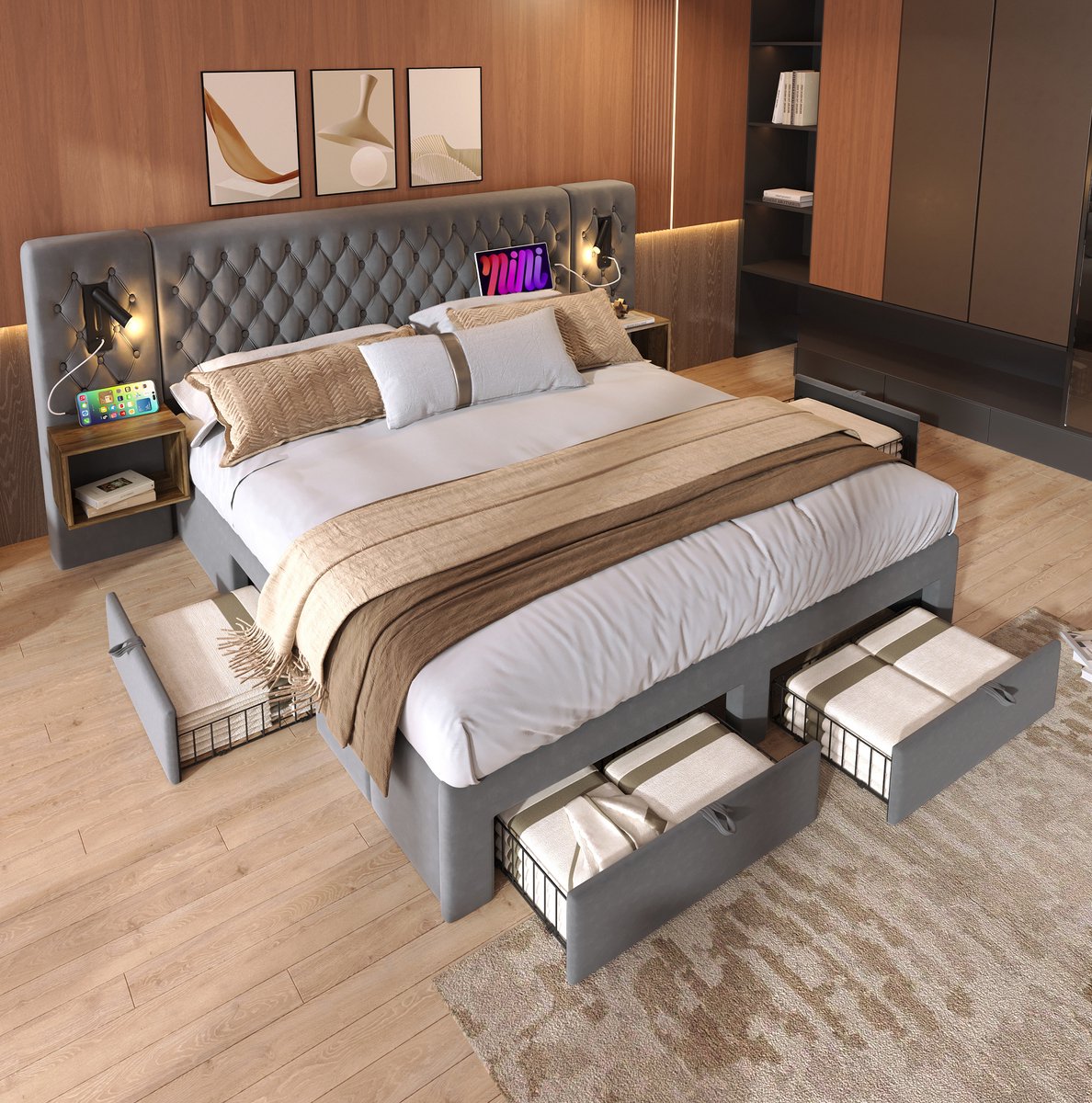 WUVRIE Tweepersoonsbed 180x200 cm met 2 nachtkastjes, 4 lades, leeslampen en USB/Type-C, grijs