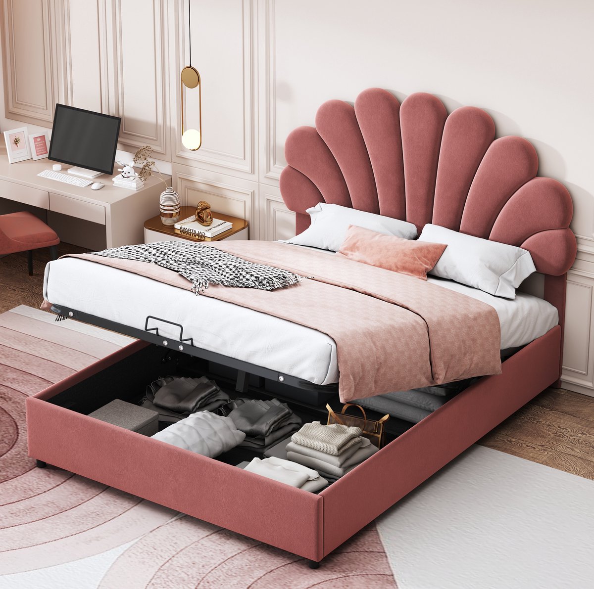 WUVRIE Tweepersoons opbergbed 140x200 cm met verstelbaar bloemvormig hoofdbord en lattenbodem, roze
