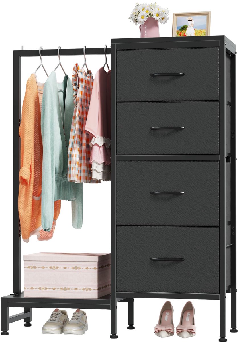 SnelShoppen - Multifunctionele Stof Opbergkast met 4 Laden en Kledingstang, 111 cm, Zwart - Ideaal voor Slaapkamer, Woonkamer, Hal en Kinderkamer