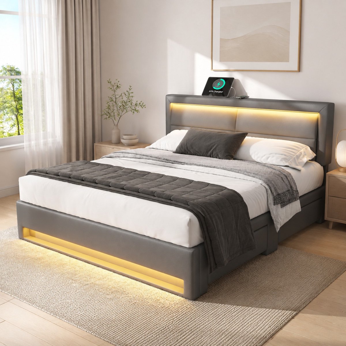 WUVRIE Gestoffeerd bed 140x200 cm met LED, USB- en draadloos opladen, 4 lades en lattenbodem, grijs