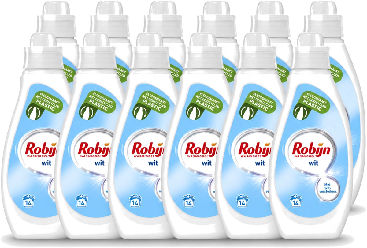 12 x Robijn - Wit - Vloeibaar Wasmiddel - Met Witversterkers - 14 Wasbeurten - 700 ml - Voordeelverpakking - 12 stuks
