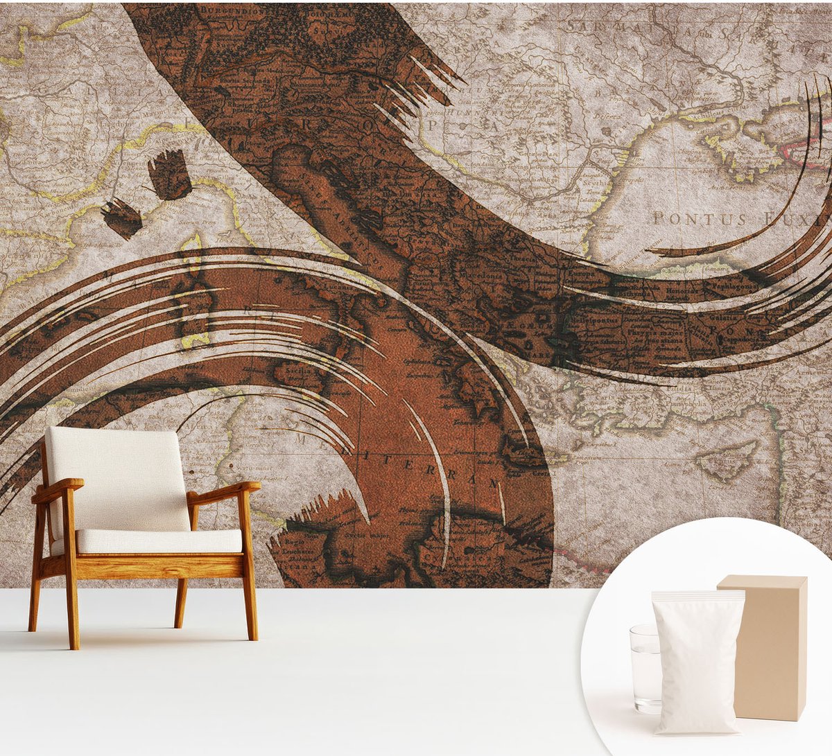 Wallfluent Fotobehang - Beige Vliesbehang - 312x219 cm - Artistieke Kaart Muurschildering - Slaapkamer behang Abstractie - Fotobehang Vlies - Slaapkamer behang