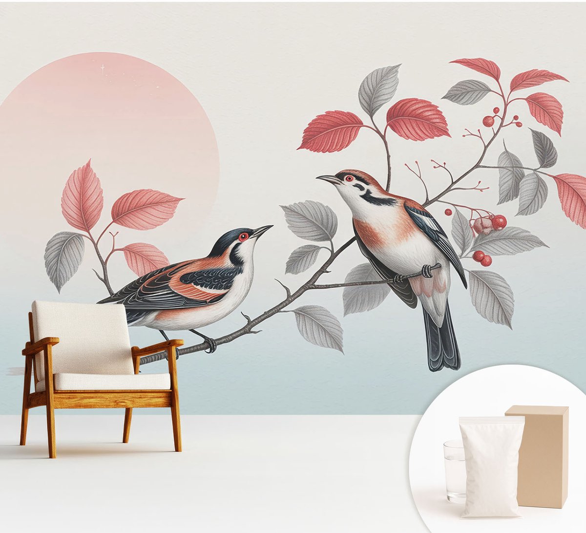 Wallfluent Fotobehang - Roze Vliesbehang - 312x219 cm - Zittende Vogels Muurschildering - Gang behang Dieren - Fotobehang Vlies - Slaapkamer behang