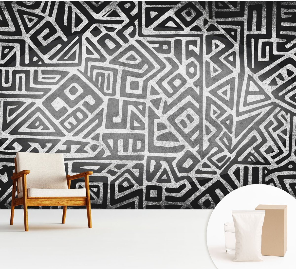 Wallfluent Fotobehang - Zwart-Wit Vliesbehang - 312x219 cm - Geometrisch Doolhof Muurschildering - Slaapkamer behang Geometrie - Fotobehang Vlies - Gang behang