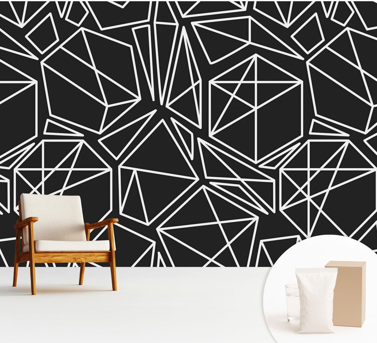 Wallfluent Fotobehang - Zwart Vliesbehang - 312x219 cm - Moderne Abstractie Fotobehang Vlies - Hal behang Geometrie - Muurschildering - Hal behang