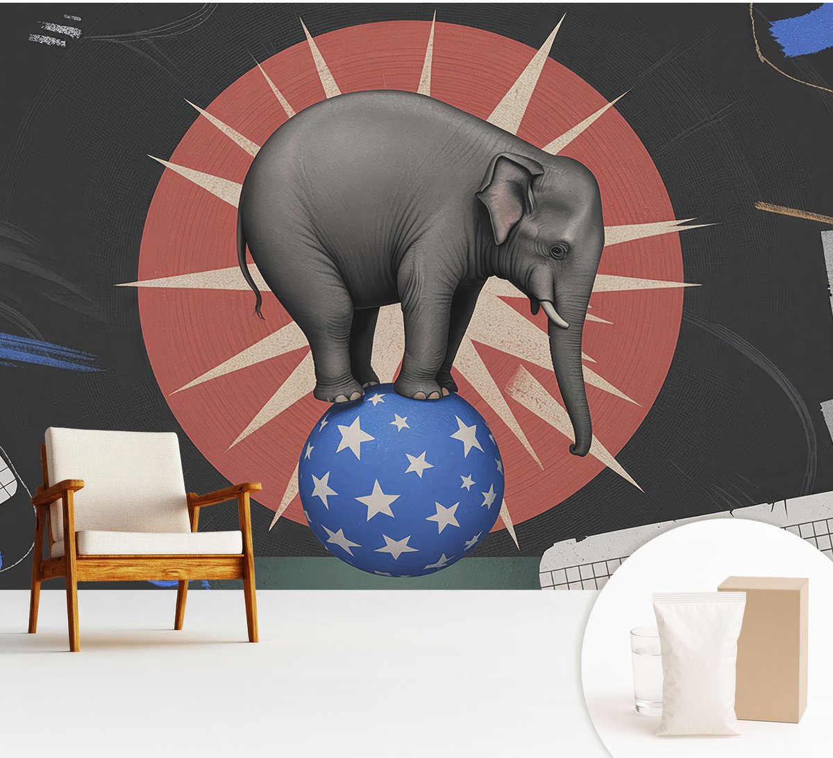 Wallfluent Fotobehang - Zwart Vliesbehang - 312x219 cm - Circusolifant Fotobehang Vlies - Woonkamer behang Deel - Muurschildering - Woonkamer behang