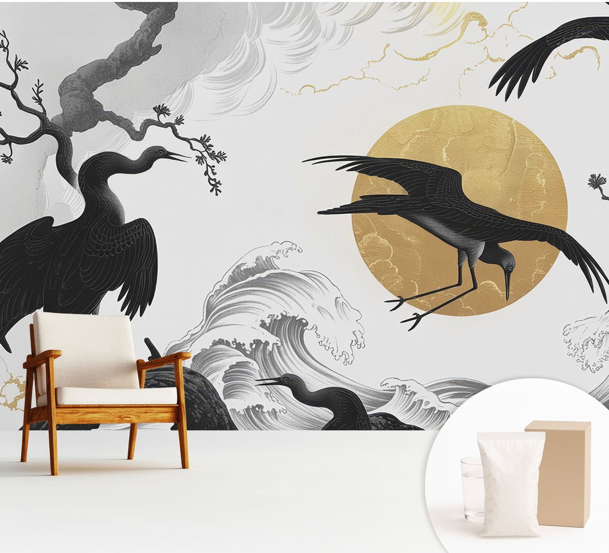 Wallfluent Fotobehang - Zwart-Wit Vliesbehang - 312x219 cm - Zwarte Kraanvogels Fotobehang Vlies - Hal behang Deel - Muurschildering - Woonkamer behang