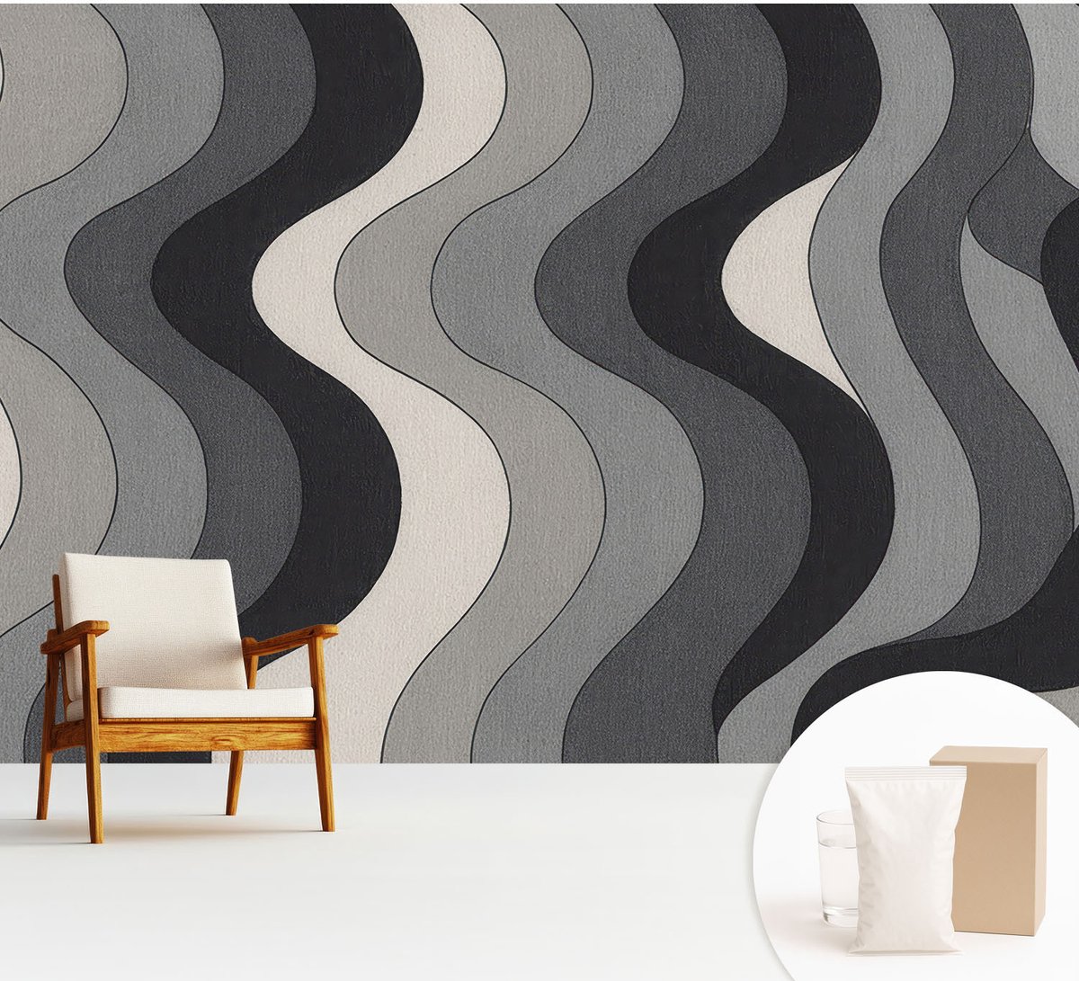 Wallfluent Fotobehang - Grijs Vliesbehang - 312x219 cm - Grijze Golven Fotobehang Vlies - Hal behang Geometrie - Muurschildering - Woonkamer behang