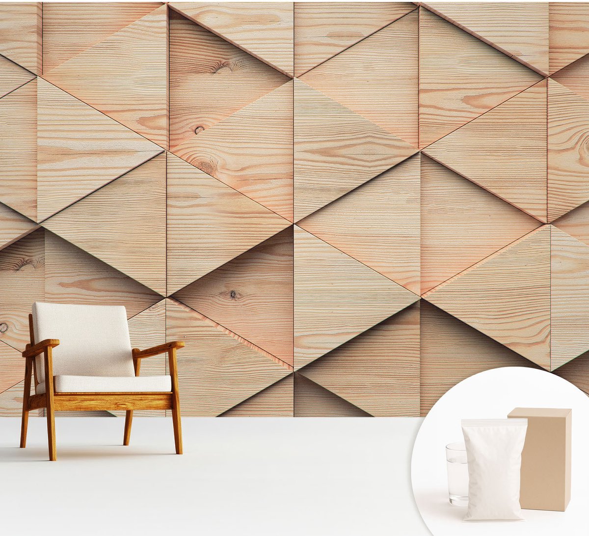 Wallfluent Fotobehang - Beige Vliesbehang - 312x219 cm - Houten Mozaïek Fotobehang Vlies - Hal behang Texturen - Muurschildering - Hal behang