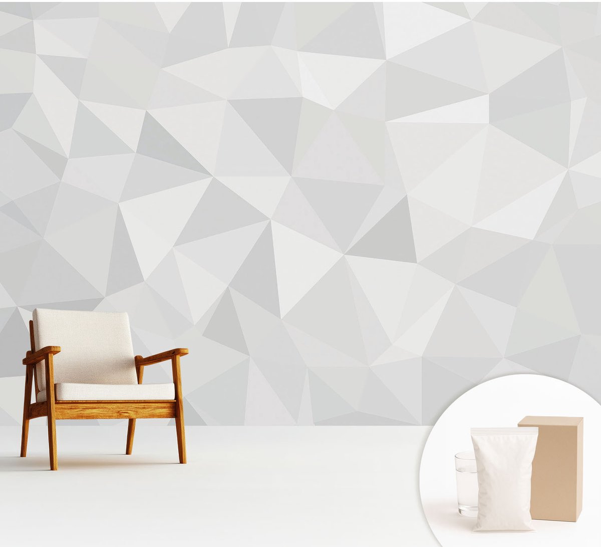 Wallfluent Fotobehang - Wit Vliesbehang - 312x219 cm - Driehoekig Mozaïek Muurschildering - Slaapkamer behang Geometrie - Fotobehang Vlies - Slaapkamer behang