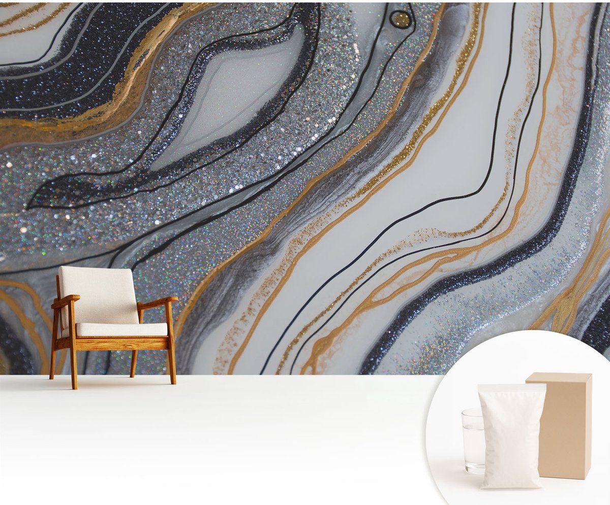 Wallfluent Fotobehang - Zwart Vliesbehang - 416x254 cm - Steengolven Fotobehang Vlies - Hal behang Abstractie - Muurschildering - Woonkamer behang