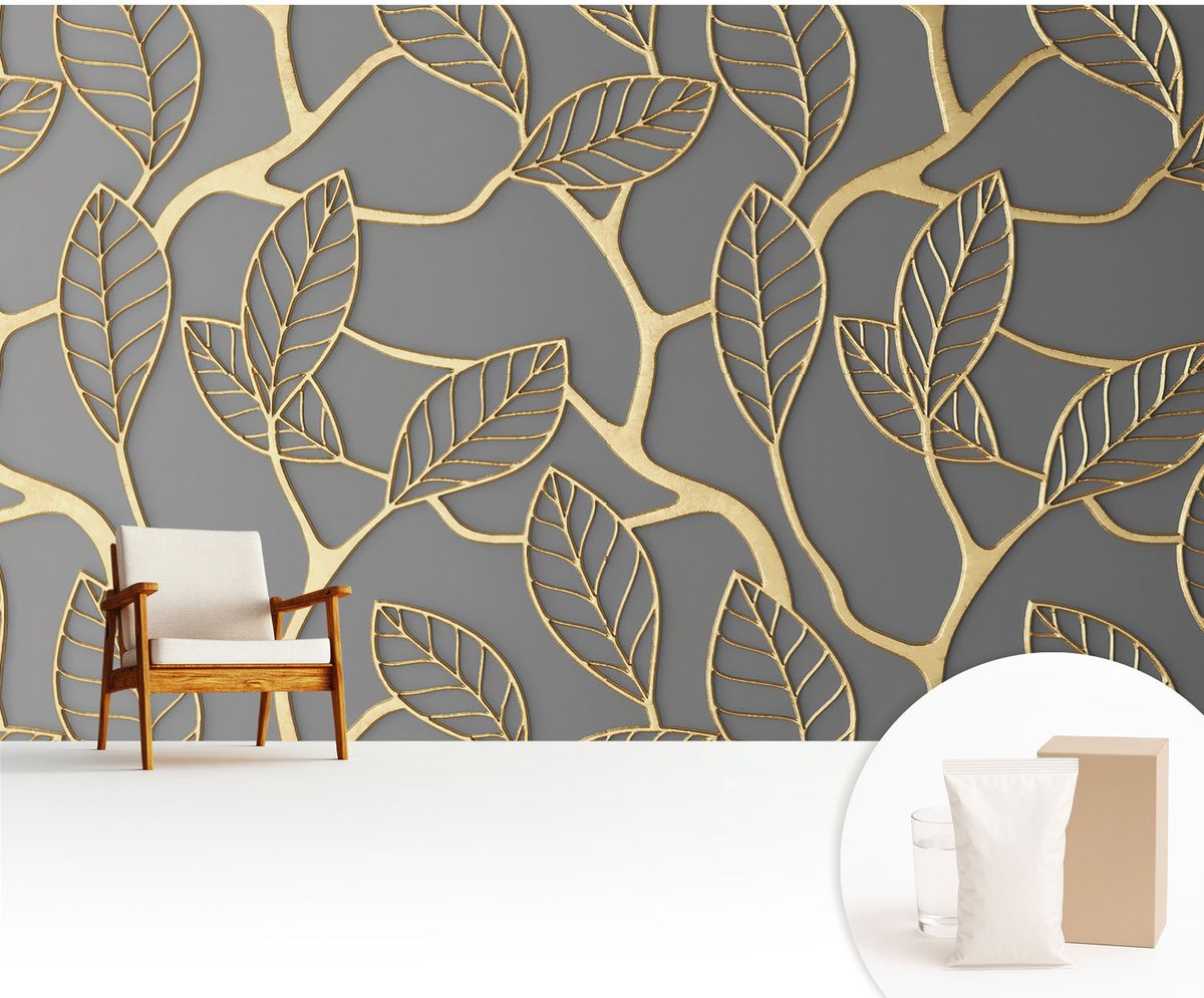 Wallfluent Fotobehang - Grijs Vliesbehang - 416x254 cm - Elegante Bladeren Muurschildering - Slaapkamer behang Bloemen En Planten - Fotobehang Vlies - Slaapkamer behang