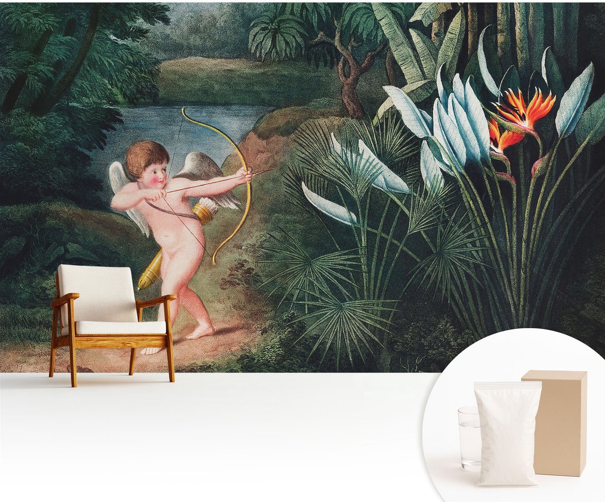 Wallfluent Fotobehang - Groente Vliesbehang - 416x254 cm - Schattige Cupido Fotobehang Vlies - Hal behang Bloemen En Planten - Muurschildering - Woonkamer behang