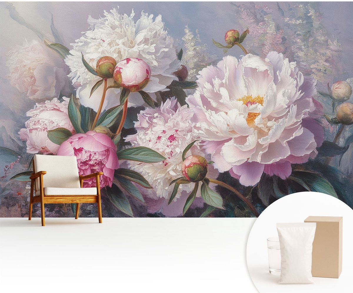 Wallfluent Fotobehang - Roze Vliesbehang - 416x254 cm - Pioenrozenboeket Muurschildering - Slaapkamer behang Bloemen En Planten - Fotobehang Vlies - Slaapkamer behang