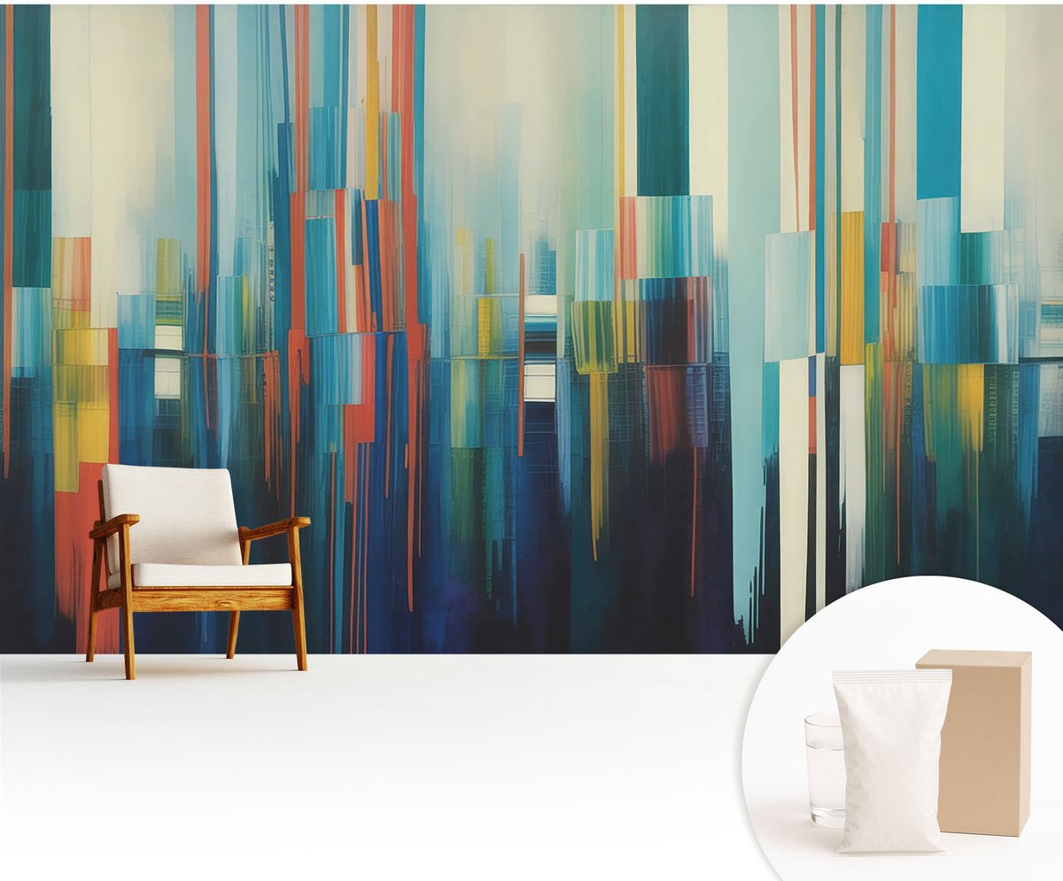 Wallfluent Fotobehang - Blauw Vliesbehang - 416x254 cm - Abstracte Strepen Fotobehang Vlies - Hal behang Abstractie - Muurschildering - Woonkamer behang