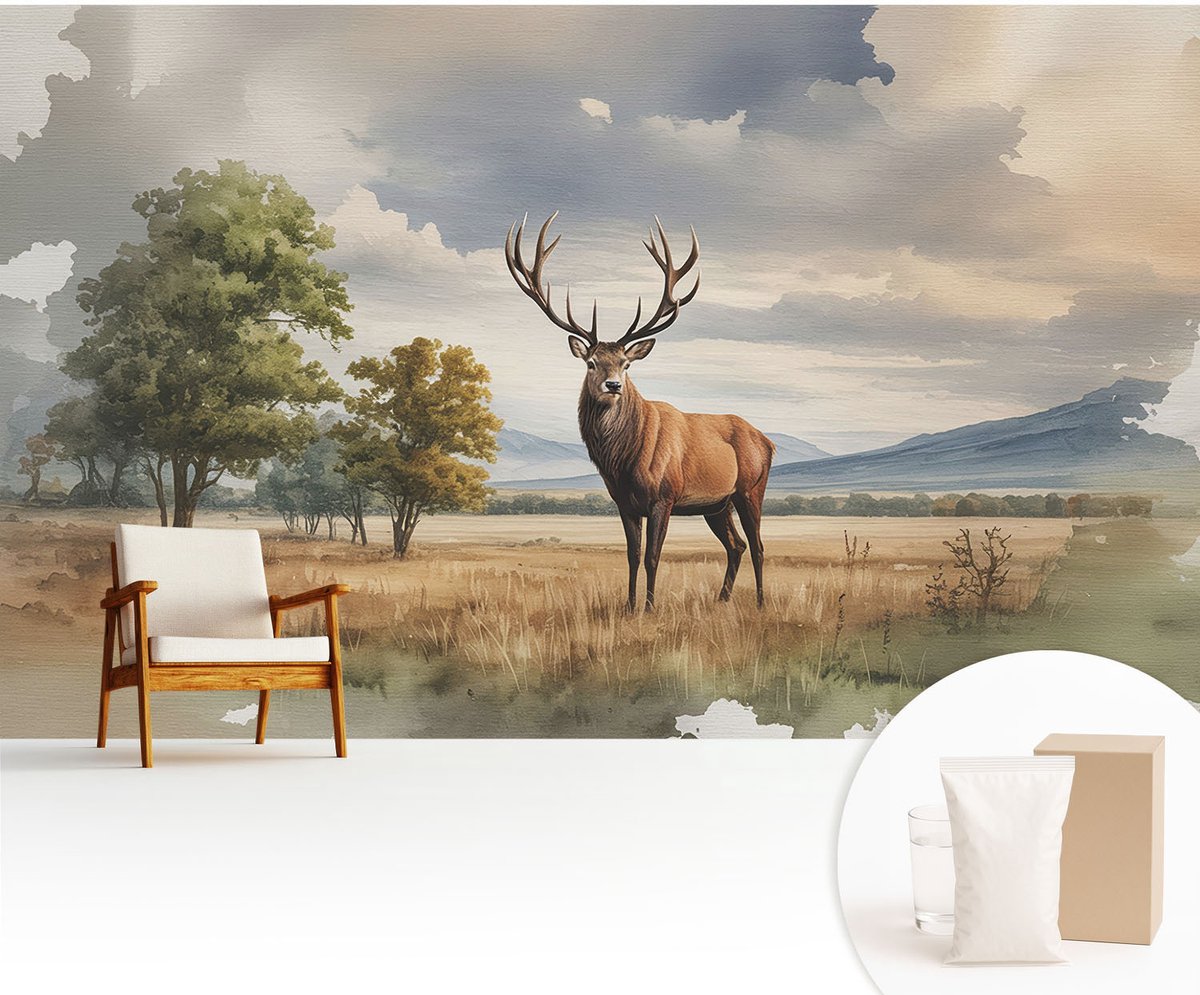 Wallfluent Fotobehang - Grijs Vliesbehang - 416x254 cm - Majestueuze Herten Muurschildering - Slaapkamer behang Landschappen - Fotobehang Vlies - Slaapkamer behang